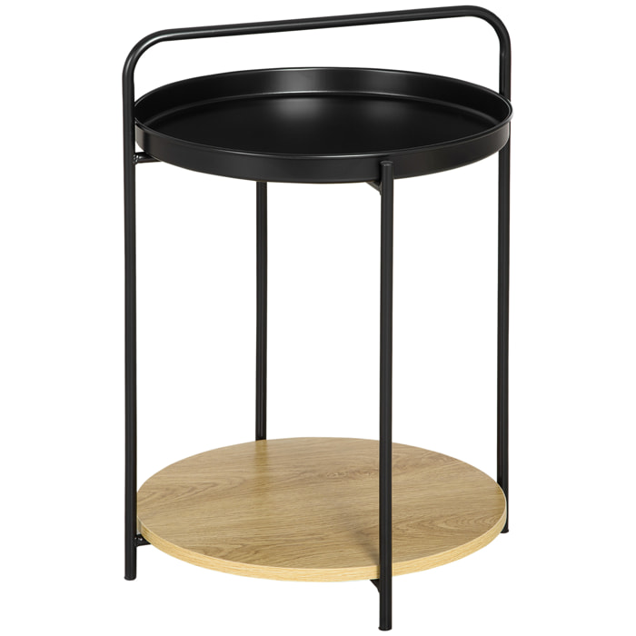 Table d'appoint guéridon bout de canapé design néo-rétro plateau étagère amovibles acier noir aspect chêne clair