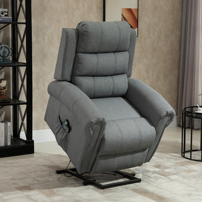 Sillón Relax Reclinable Eléctrico Levanta Personas, con Masaje Vibratorio y Calor, Sillón Elevador, con Control Remoto, Reposapiés, Tapizado en Lino, Bolsillos Laterales, Gris