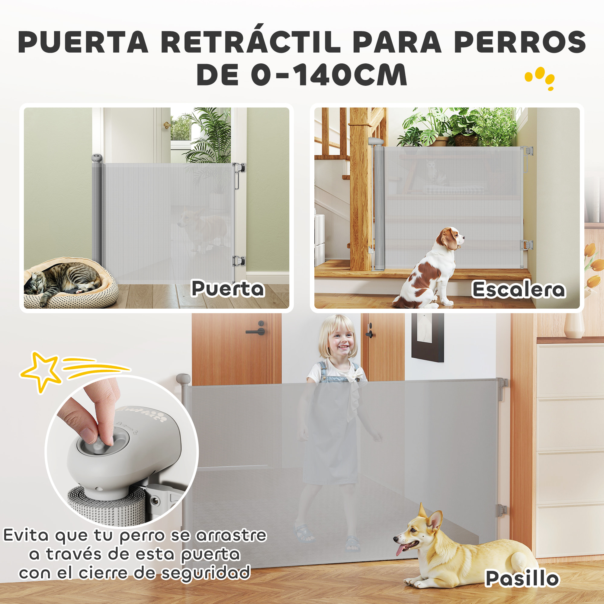 Barrera para Perros Retráctil 0-140 cm Puerta para Perros Pequeños Extensible Barrera de Seguridad para Mascotas con Interruptor de Cierre para Escaleras Puertas Pasillos Gris