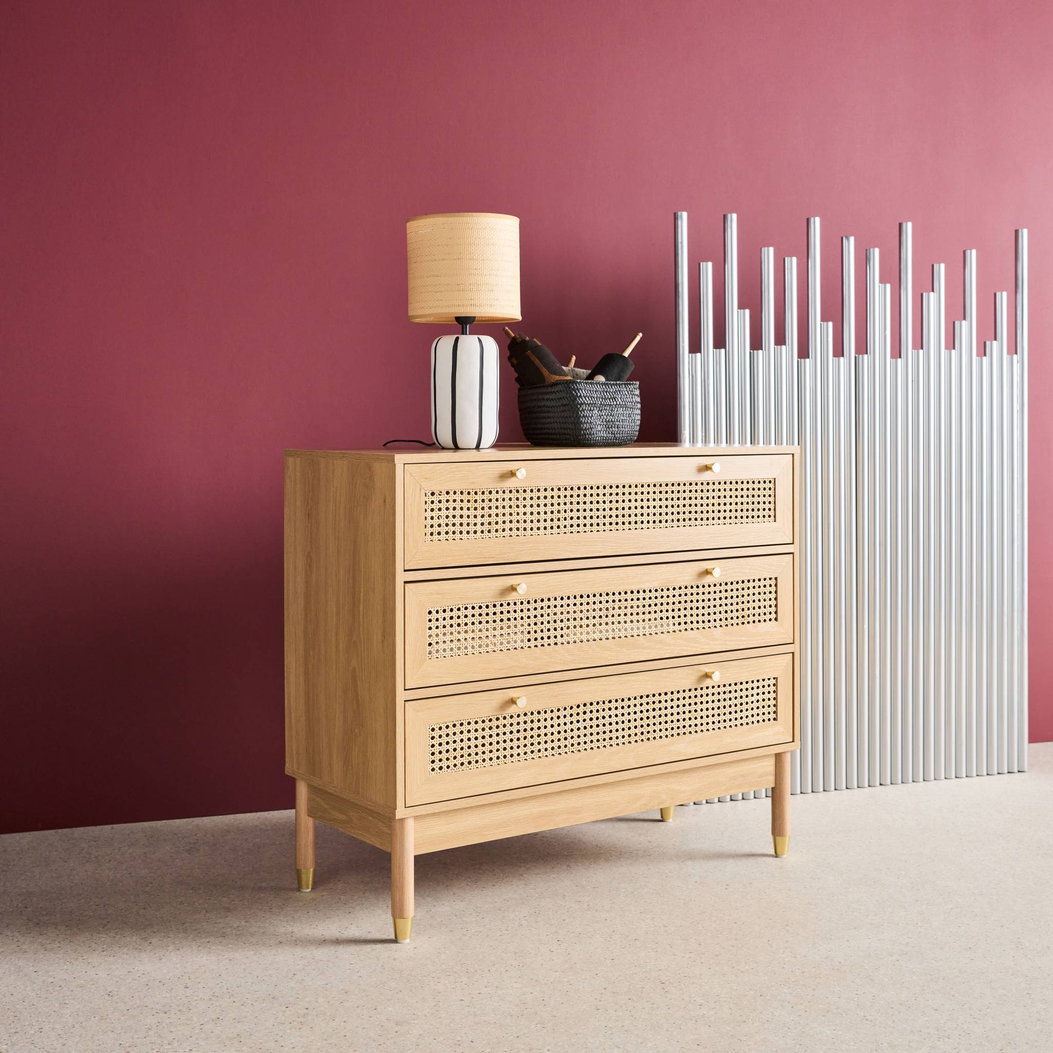 Commode décor bois et cannage 3 tiroirs teinte naturelle - 90 x 40 x 80 cm - Judith