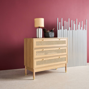 Commode décor bois et cannage 3 tiroirs teinte naturelle - 90 x 40 x 80 cm - Judith