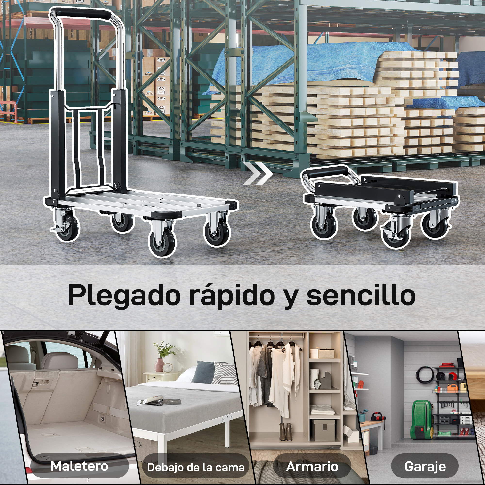 Carretilla Plegable de Aluminio con Ruedas, Carga 150 kg, Carretilla de Mano Robusta con Plataforma Extensible y Mango Ajustable, para Garaje, Oficina, Equipaje, Viajes y Compras, Plata y Negro