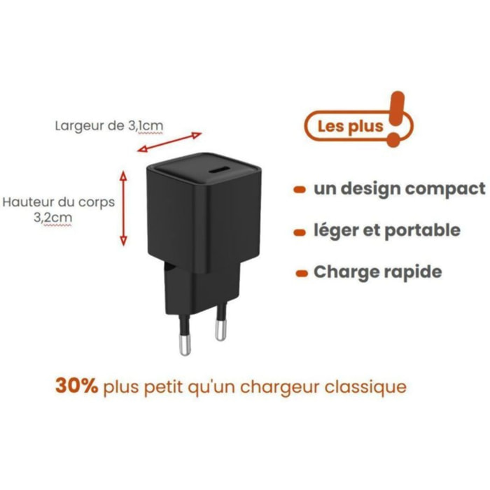 Chargeur ESSENTIELB 30W GaN + charge rapide USB-C Noir