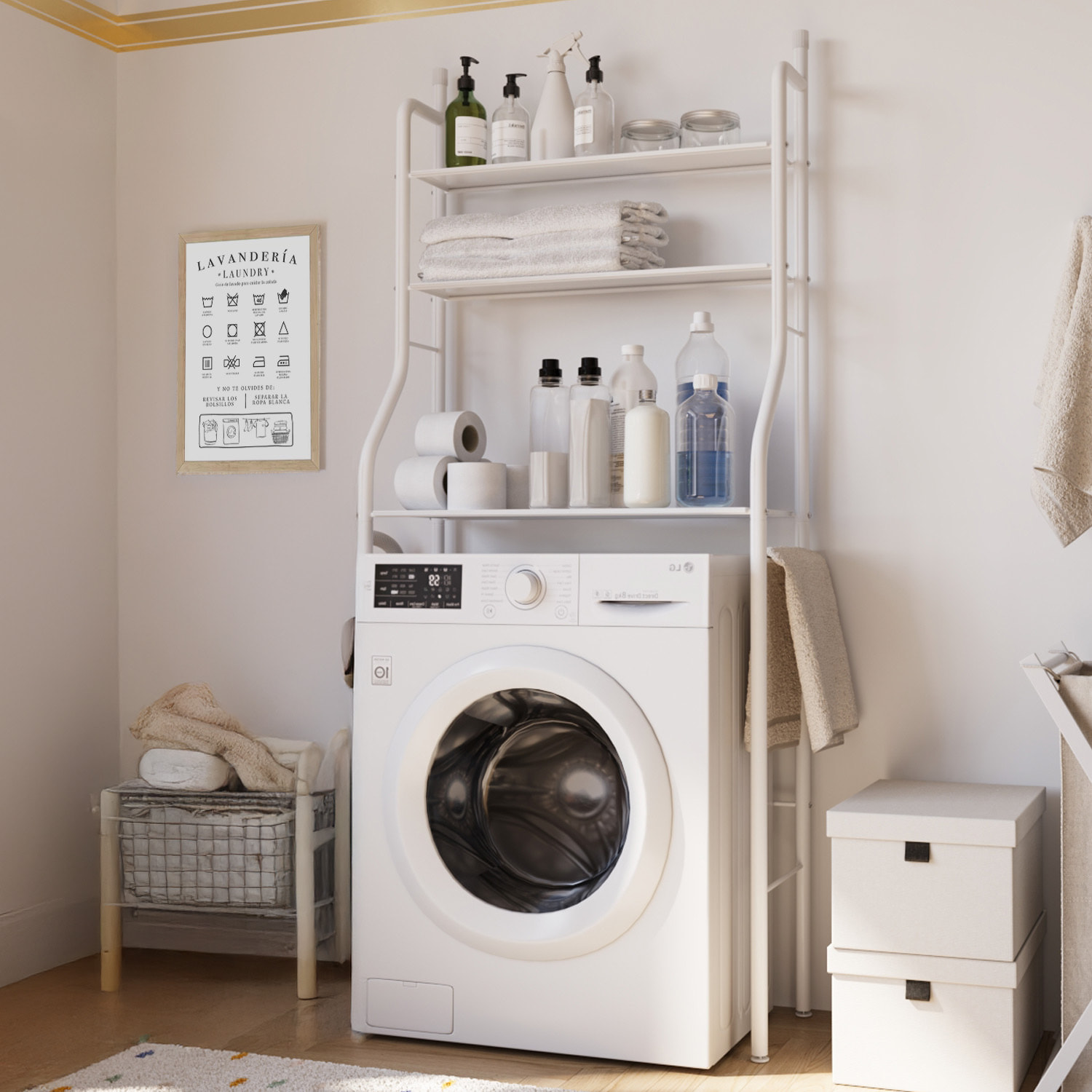 Scaffale Bagno 3 Mensole Ripiano Superiore Mobile Sopra Lavatrice Lavanderia Salvaspazio Ripiani Organizer Da Parete In Metallo 152x65x25 Cm Bianco