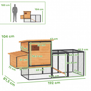 Poulailler bois surélevé avec enclos acier - 2 pondoirs, 3 portes, toits ouvrants - 192x81x104cm