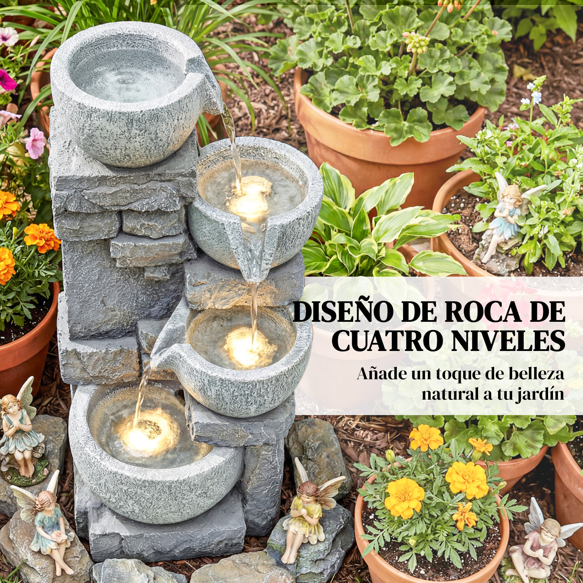 Fuente de Agua Decorativa con Iluminación LED y Bomba, Fuente de Jardín Exterior en Cascada de 4 Niveles, Flujo Ajustable, Resistente a la intemperie, para Jardín, Terraza, Patio, Gris