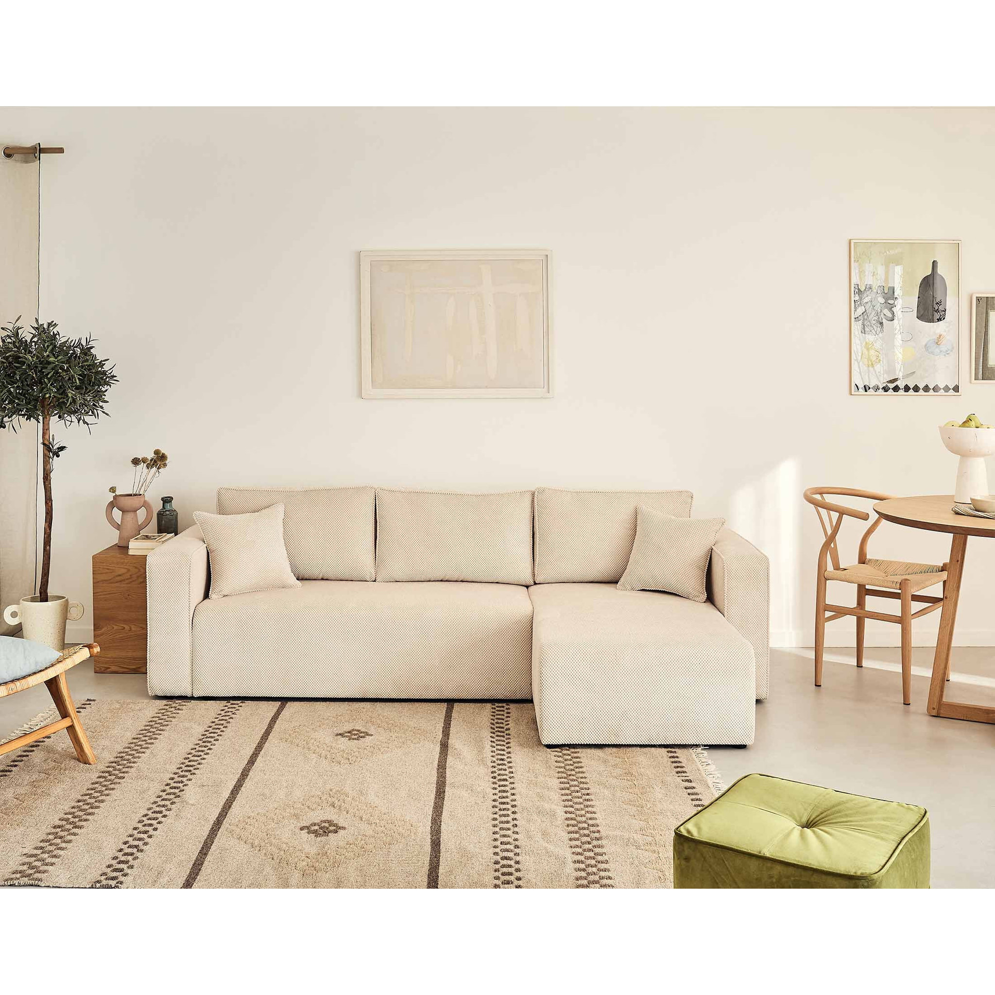 Topaze - canapé d'angle réversible - 4 places - convertible avec coffre - en velours texturé - Beige