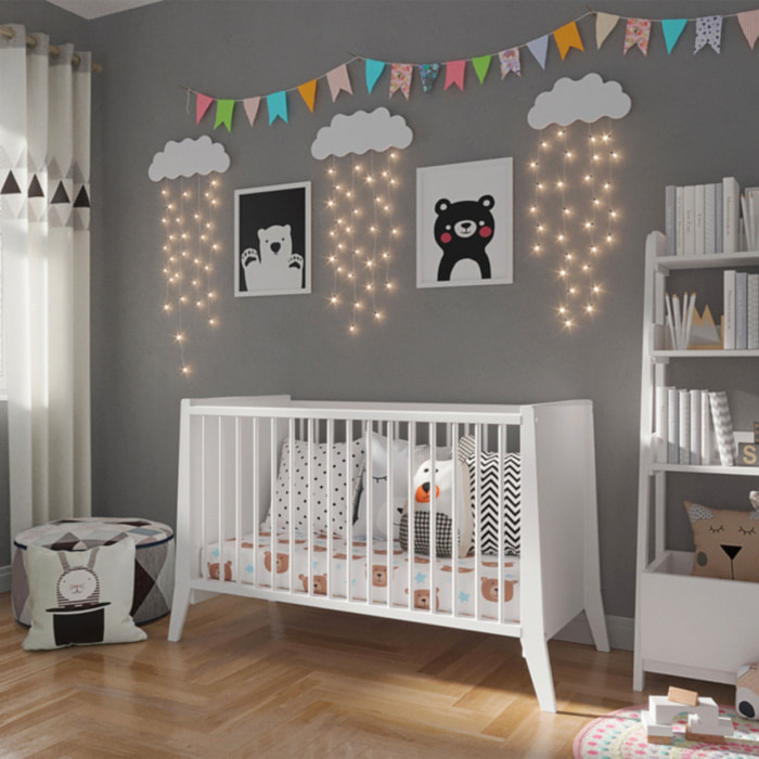 Lit Evolutif Timéo à barreaux 60 x 120 cm, Blanc, en Bois, 3 Hauteurs, Barreaux amovibles