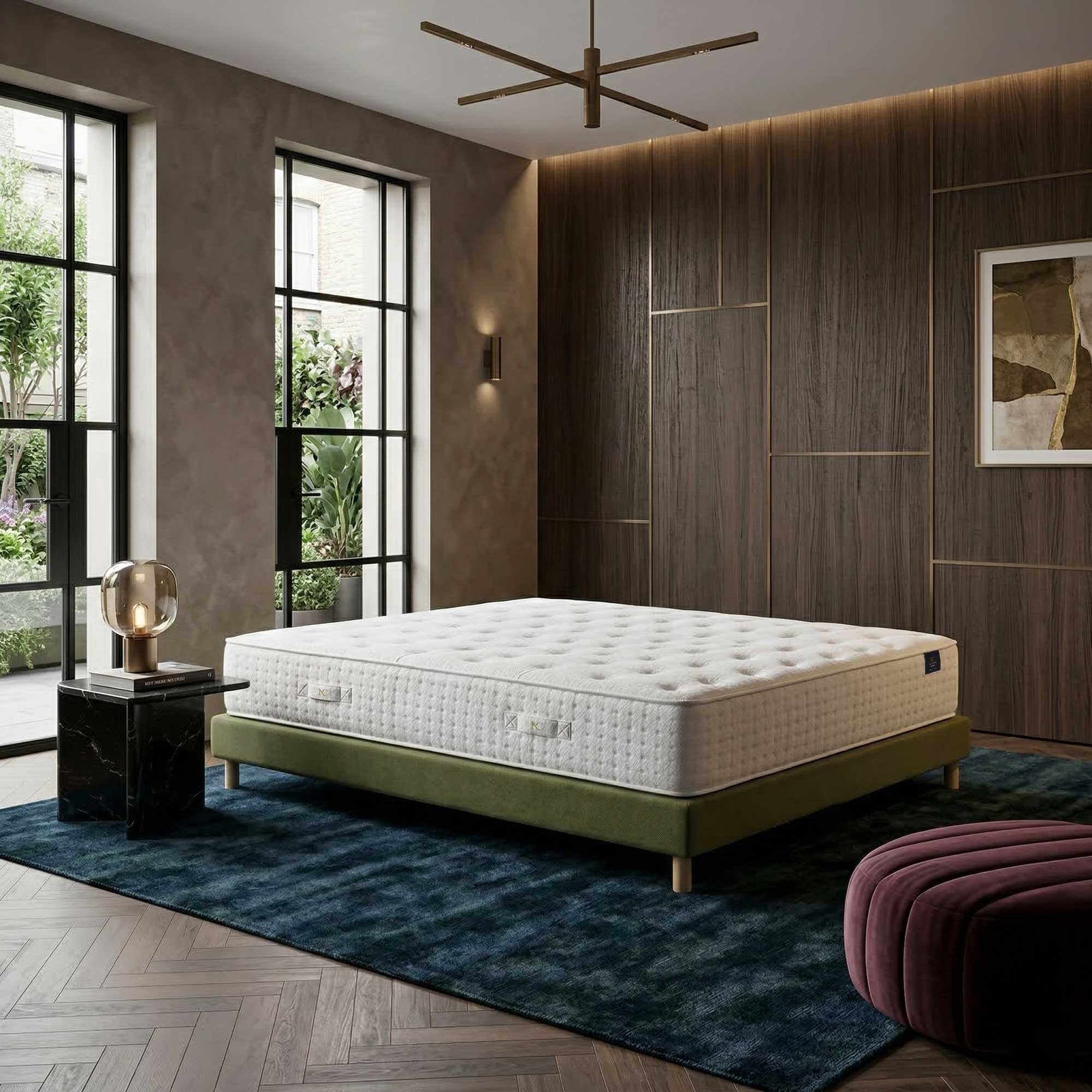 Ensemble matelas mousse haute résilience CALLISTO, H29 cm, accueil mémoire de forme, sommier vert