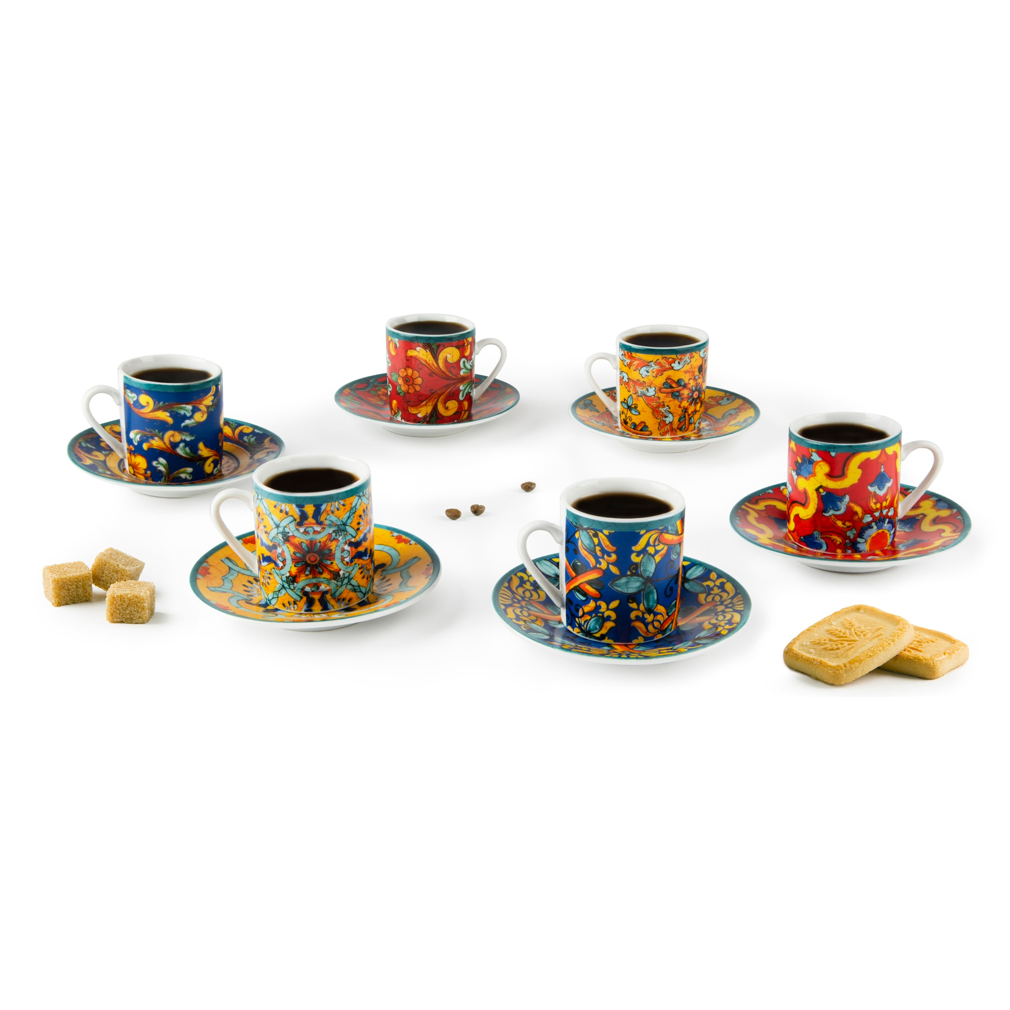 Set 6 Tazzine Caffè con Piattini Excelsa – Trinacria, Porcellana Multicolore