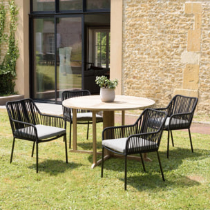 MALO - SALON DE JARDIN 4 PERS. - 1 Table ronde 120x120cm et 4 fauteuils noirs et gris en cordage