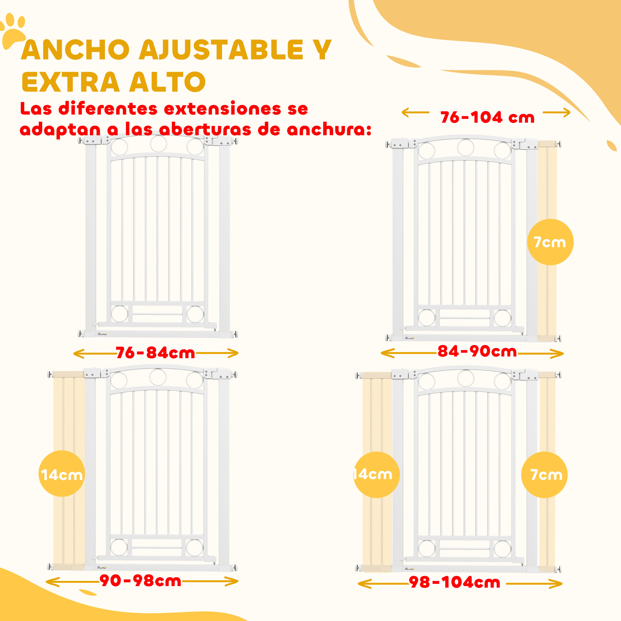 Barrera para Perros Puerta para Perros con Ancho Ajustable 76-104 cm Barrera de Seguridad para Perros Altura 105 cm con 2 Extensiones para Escaleras y Puertas Blanco