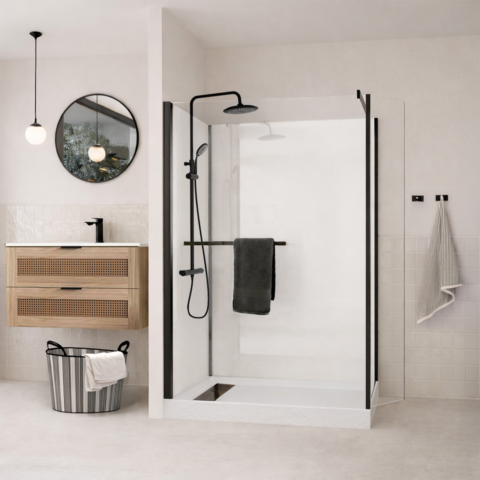 Cabine de Douche à l'Italienne 120x90 - Colonne Thermostatique Noire et Receveur Haut Effet Pierre