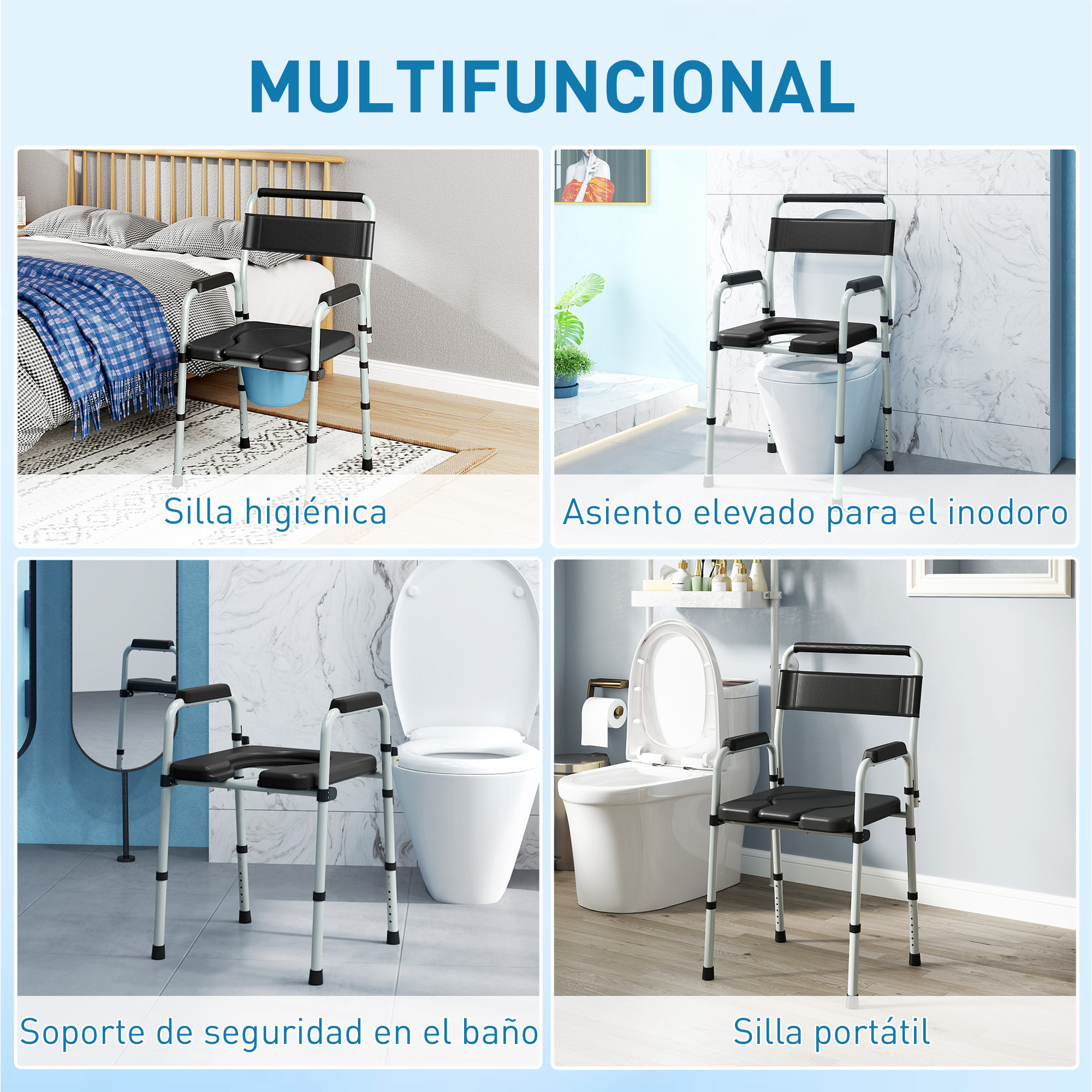 Silla WC Personas Mayores Plegable Silla con Inodoro con Altura Ajustable Cubo y Almohadillas Antideslizantes Carga 150 kg para Discapacitados Embarazadas Negro