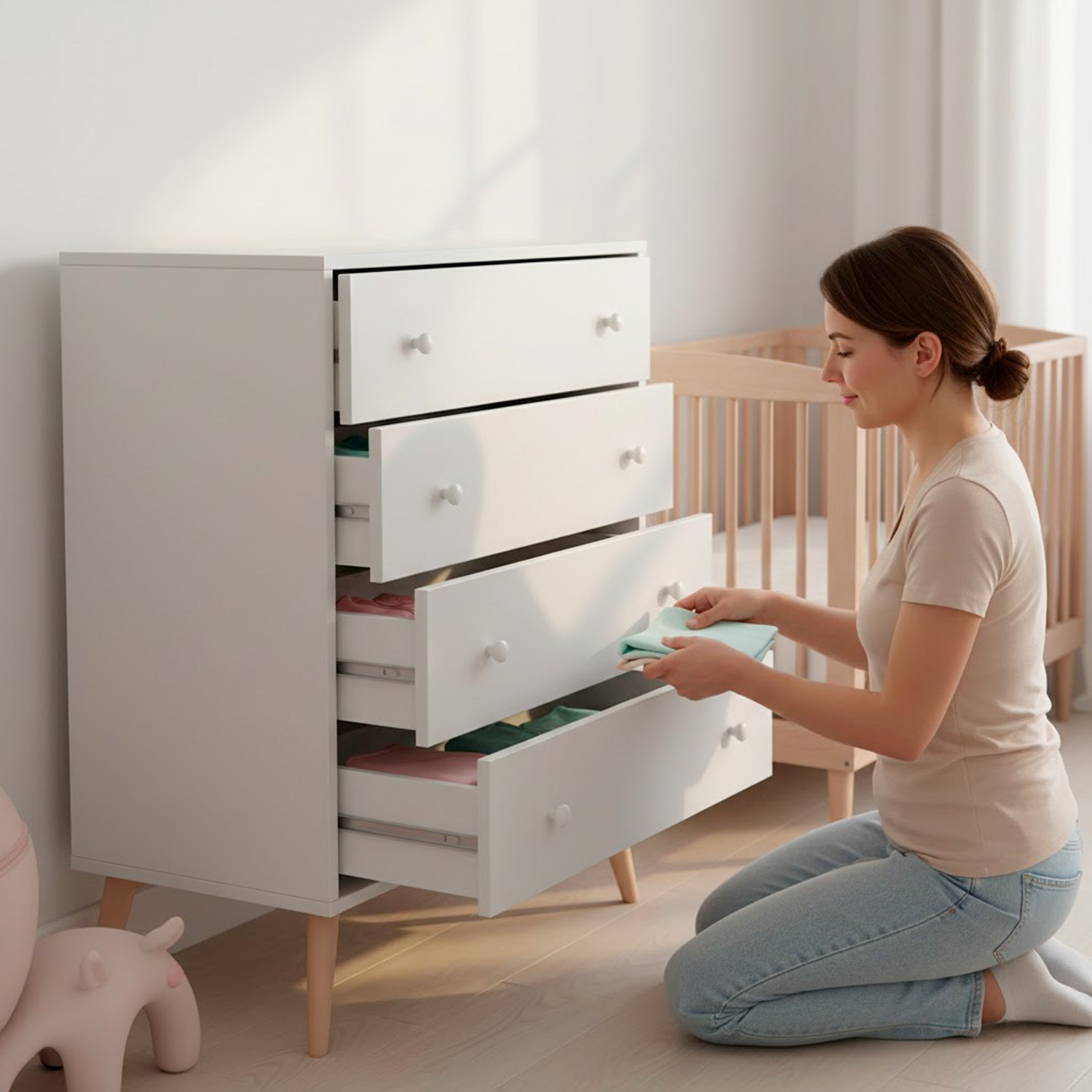 Comò A 4 Cassetti Comodino Stile Scandinavo Cassettiera Settimino Per Camera da Letto Con Gambe Nordiche Guide Metalliche 77.5x40x95 Cm Bianco Opaco