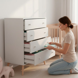 Comò A 4 Cassetti Comodino Stile Scandinavo Cassettiera Settimino Per Camera da Letto Con Gambe Nordiche Guide Metalliche 77.5x40x95 Cm Bianco Opaco