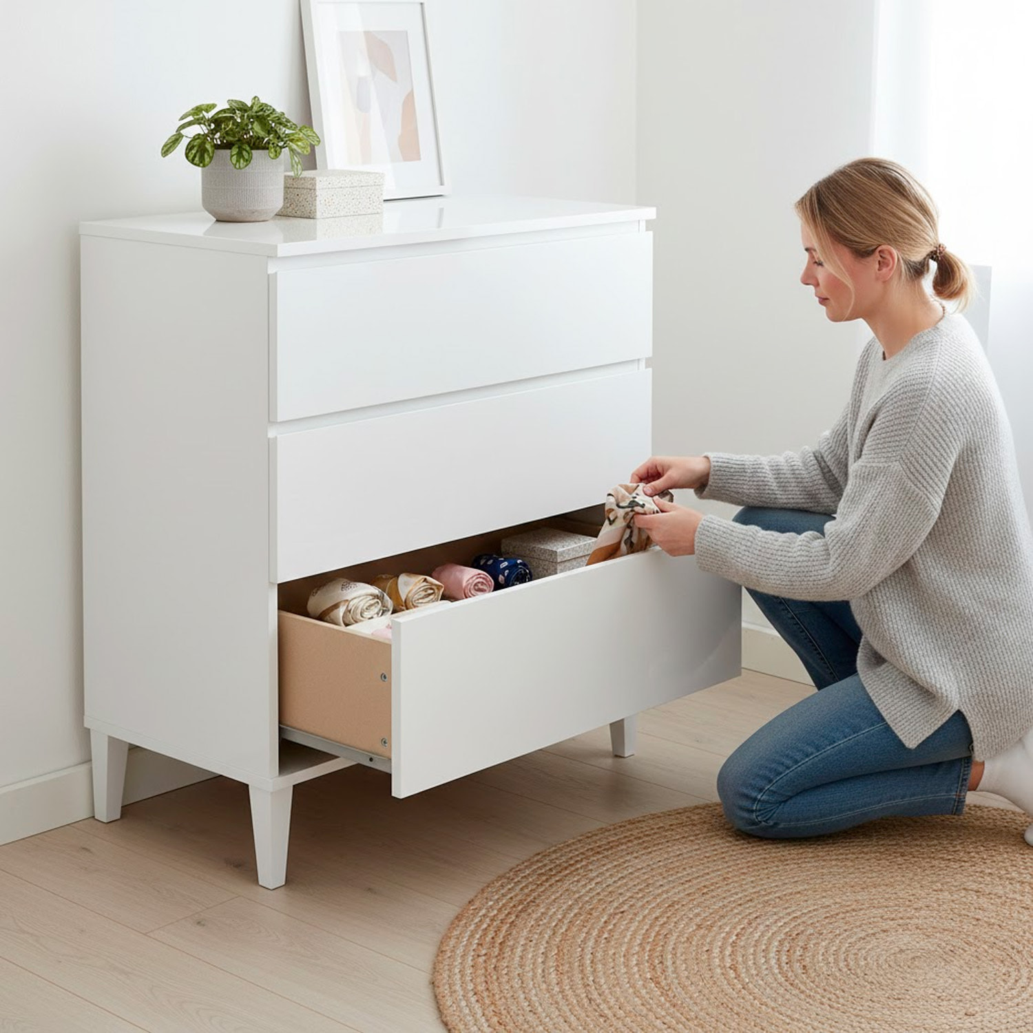 Comodino Con 3 Cassetti Cassettiera Settimino Mobile Da Camera Da Letto Moderno Mobiletto Con Piedini Montaggio Facile 80 x 40 x 80 Cm Bianco Lucido