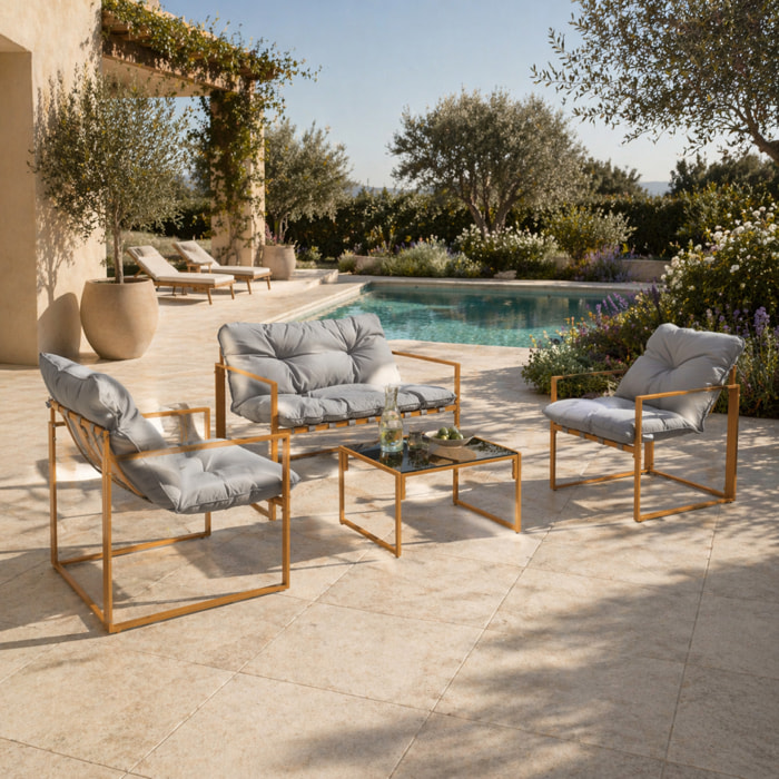 Salon de jardin 4 places contemporain brun et coussins gris LANA