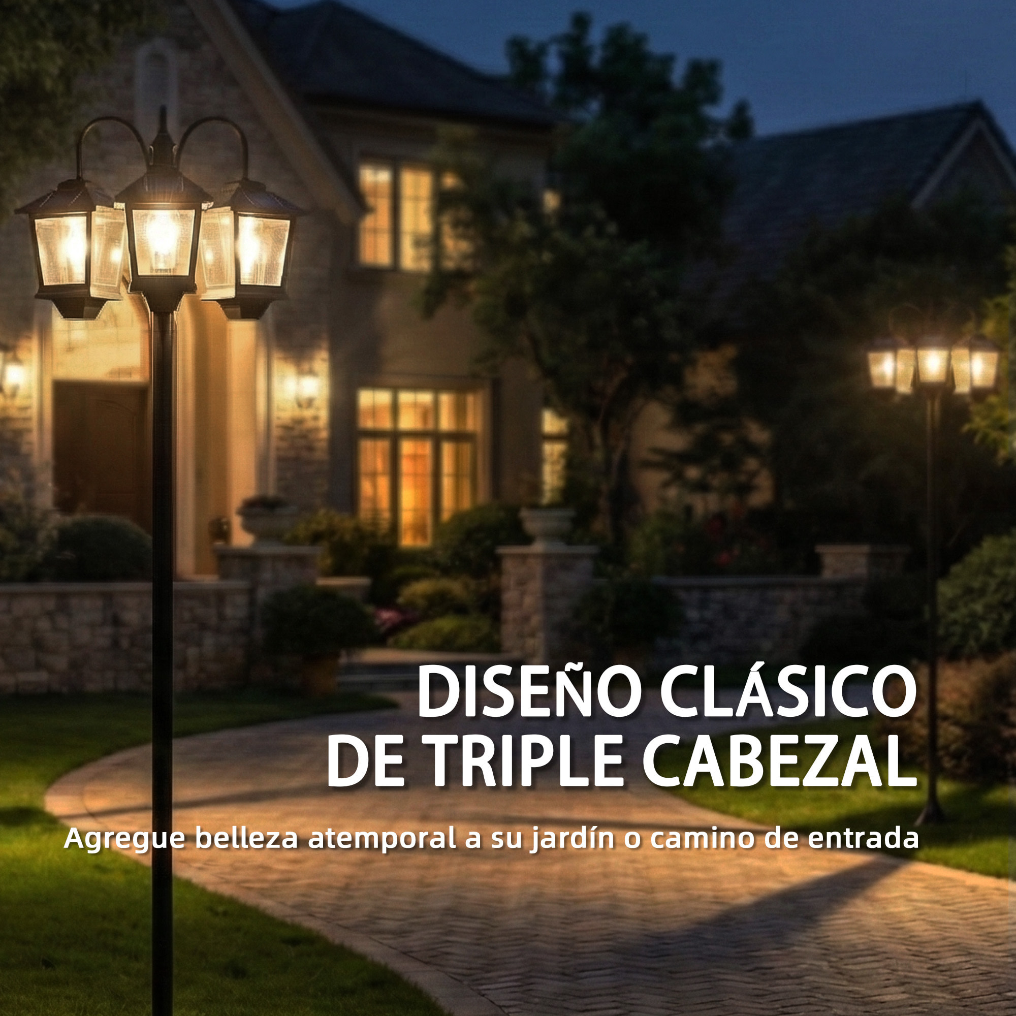 Farola Solar Exterior de Jardín con 3 Cabezales, Luz Solar de Exterior de Aluminio con Encendido/Apagado Automático, Impermeable IP44, para Terraza, Patio, 40x34,5x188 cm, Negro