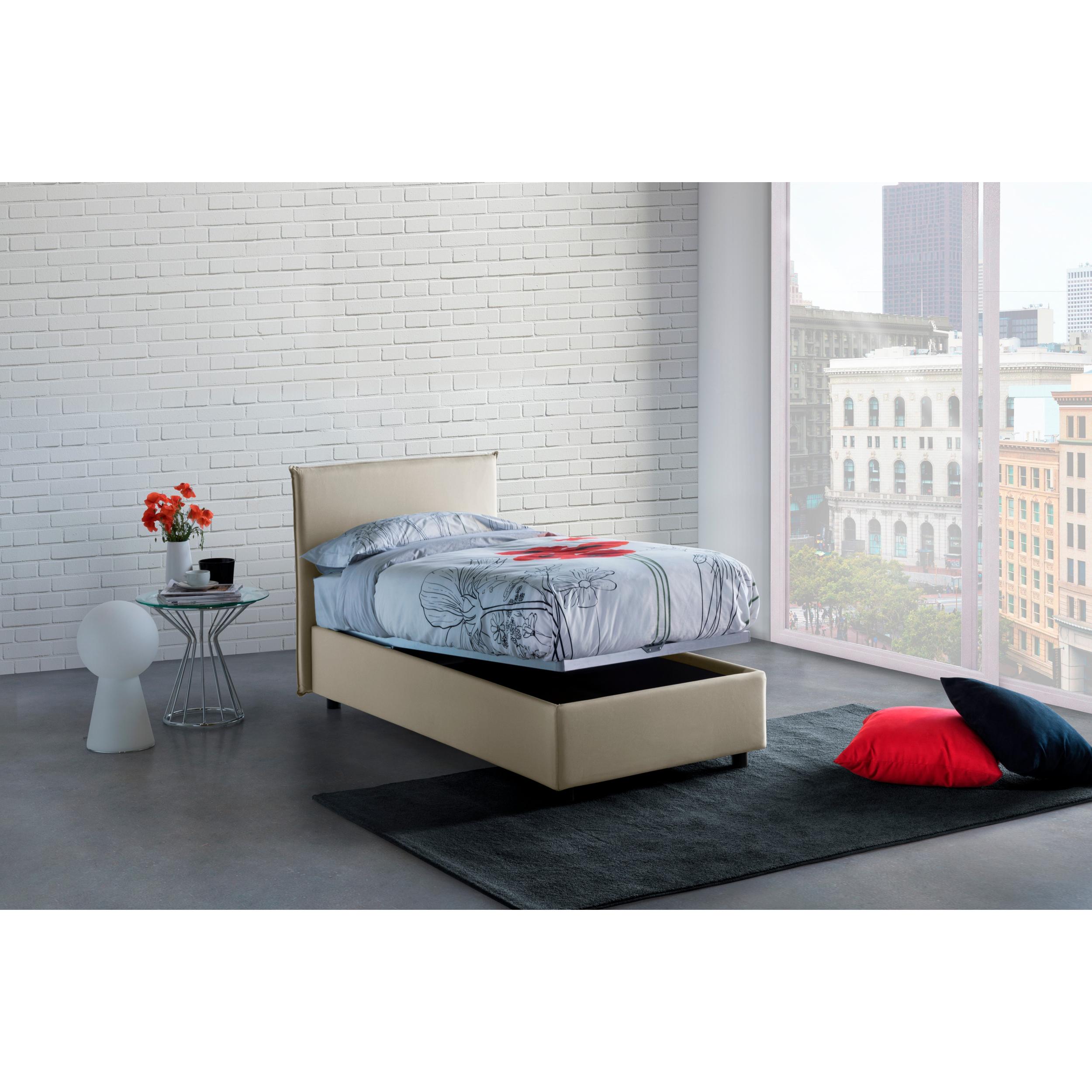 Letto singolo Chiaraluna, Letto contenitore con rivestimento in tessuto, 100% Made in Italy, Apertura frontale, con materasso Cm 90x190 incluso, Beige