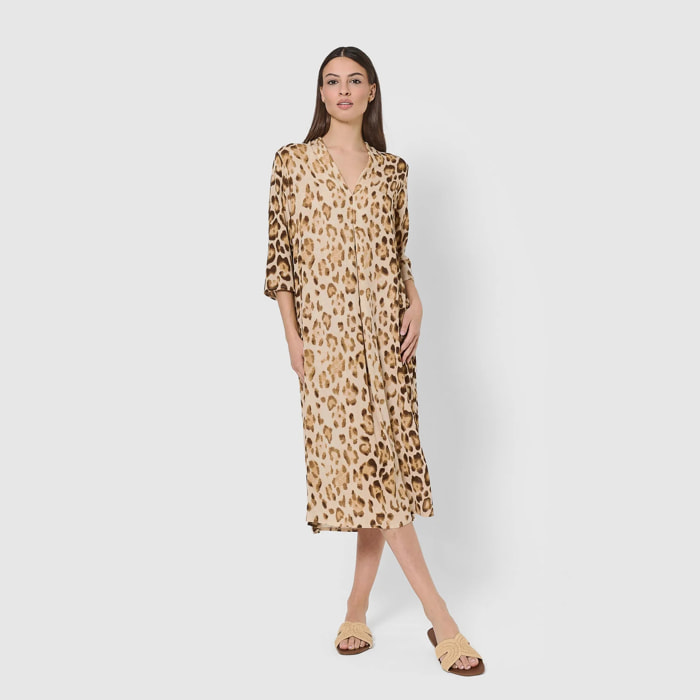 Vestido midi bambula detalles plisados pai marrón