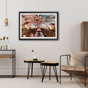 Affiche photo cerisiers et hanami à tokyo Affiche + cadre en bois - Noir