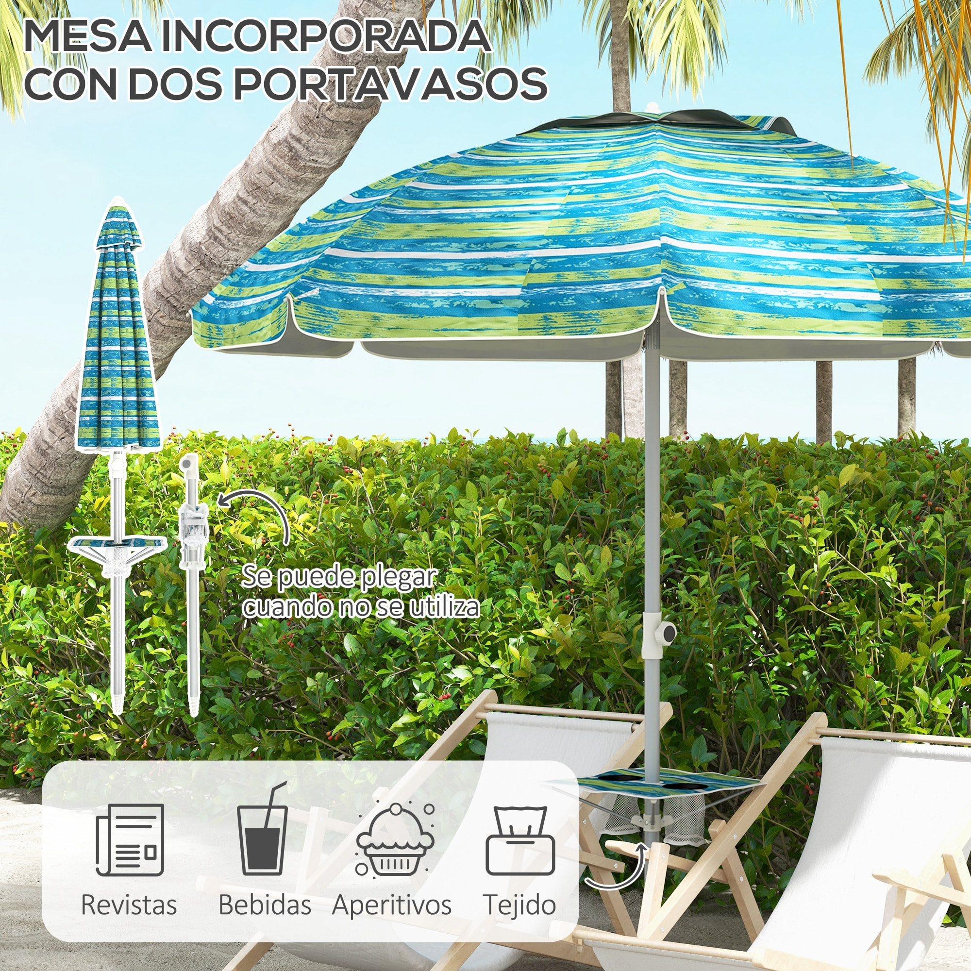 Sombrilla de Playa Ø190x215 cm Parasol para Terraza con Reclinación 45° Altura Ajustable Mesa con Portavasos Anti-UV Impermeable y Bolsa de Transporte para Jardín Piscina Multicolor