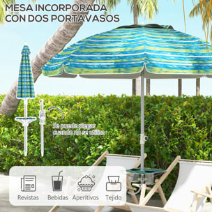 Sombrilla de Playa Ø190x215 cm Parasol para Terraza con Reclinación 45° Altura Ajustable Mesa con Portavasos Anti-UV Impermeable y Bolsa de Transporte para Jardín Piscina Multicolor