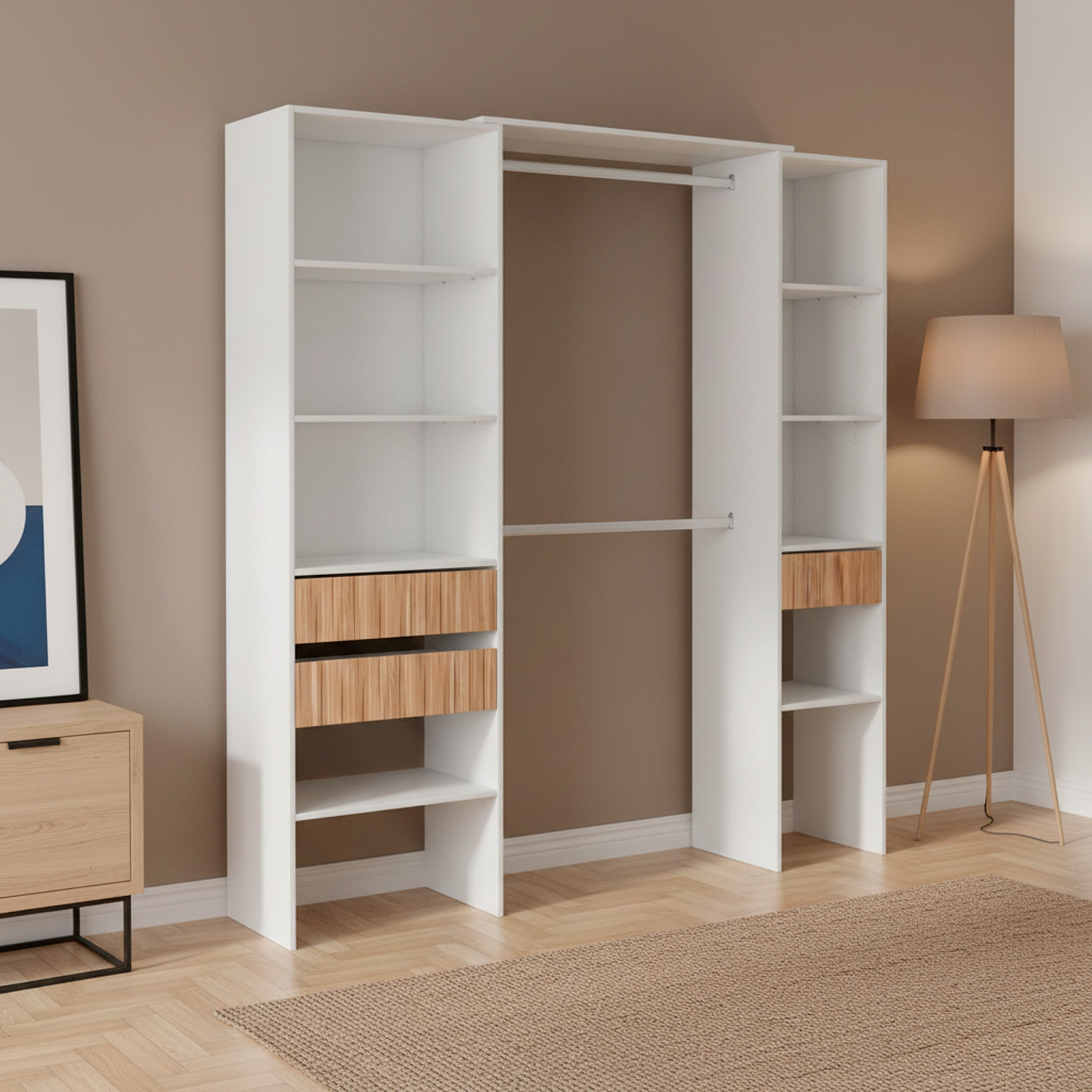 Armadio Guardaroba Aperto Con Ripiani Regolabili 3 Cassetti Doppio Appendiabiti In Alluminio Mobile Multiuso 190 x 187 x 40 Cm Bianco E Rovere Listato