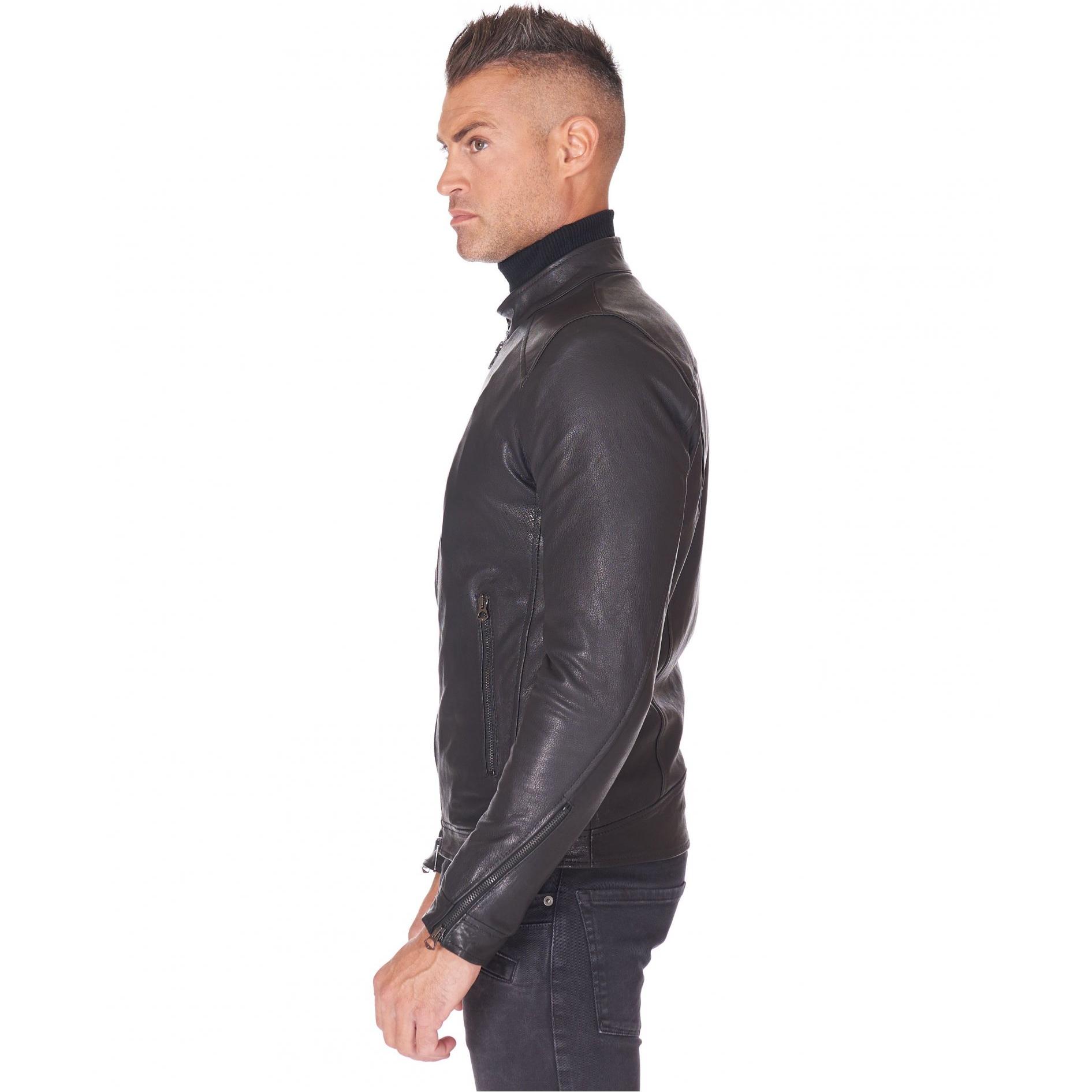 Giubbotto biker in pelle naturale nera collo coreana