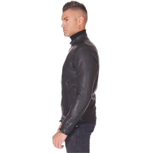 Giubbotto biker in pelle naturale nera collo coreana