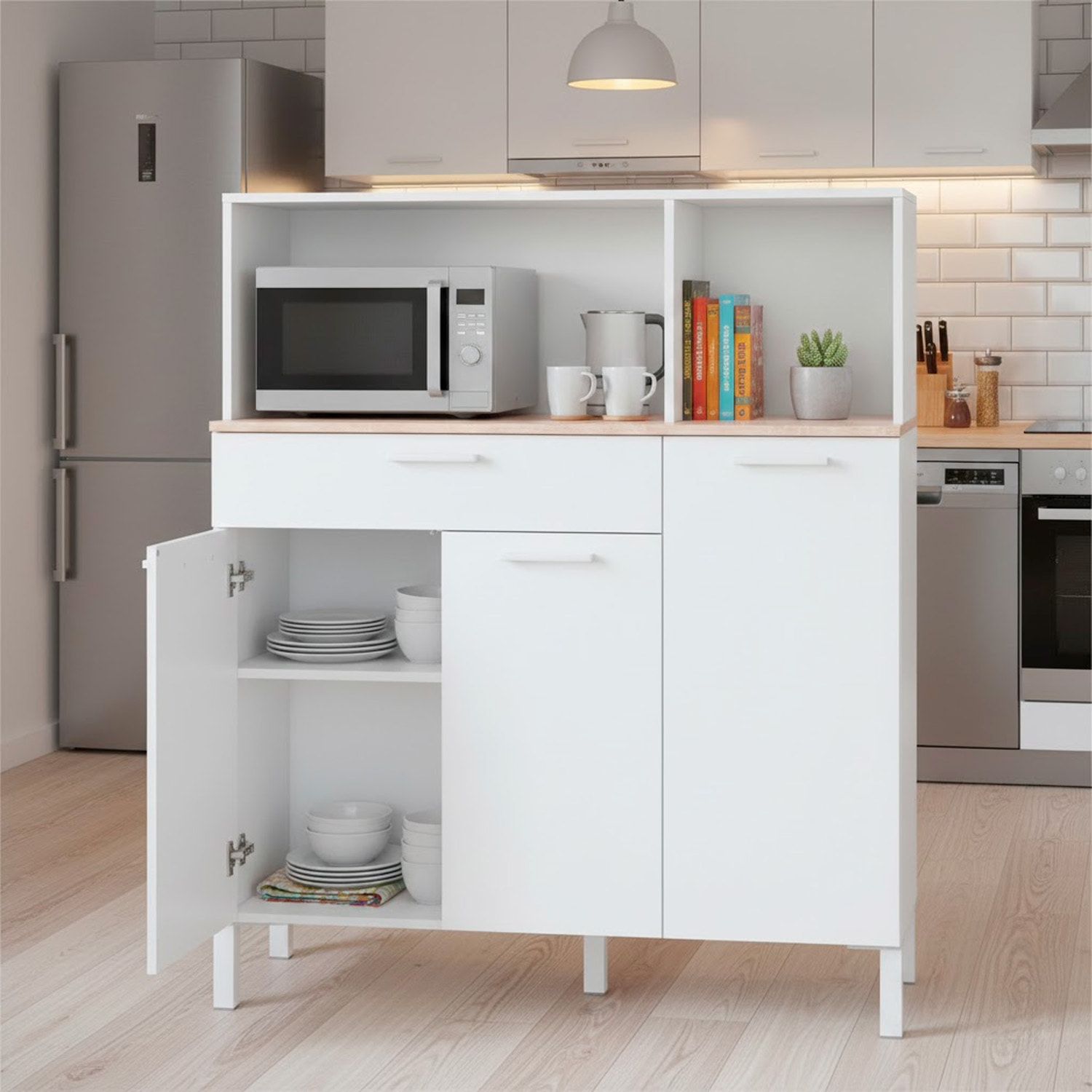 Mobile Da Cucina Credenza Con 3 Ante 1 Cassetto Madia Moderna Mobile Contenitore Con Vani A Giorno Mobiletto Dispensa 108x40x126 Cm Bianco E Rovere