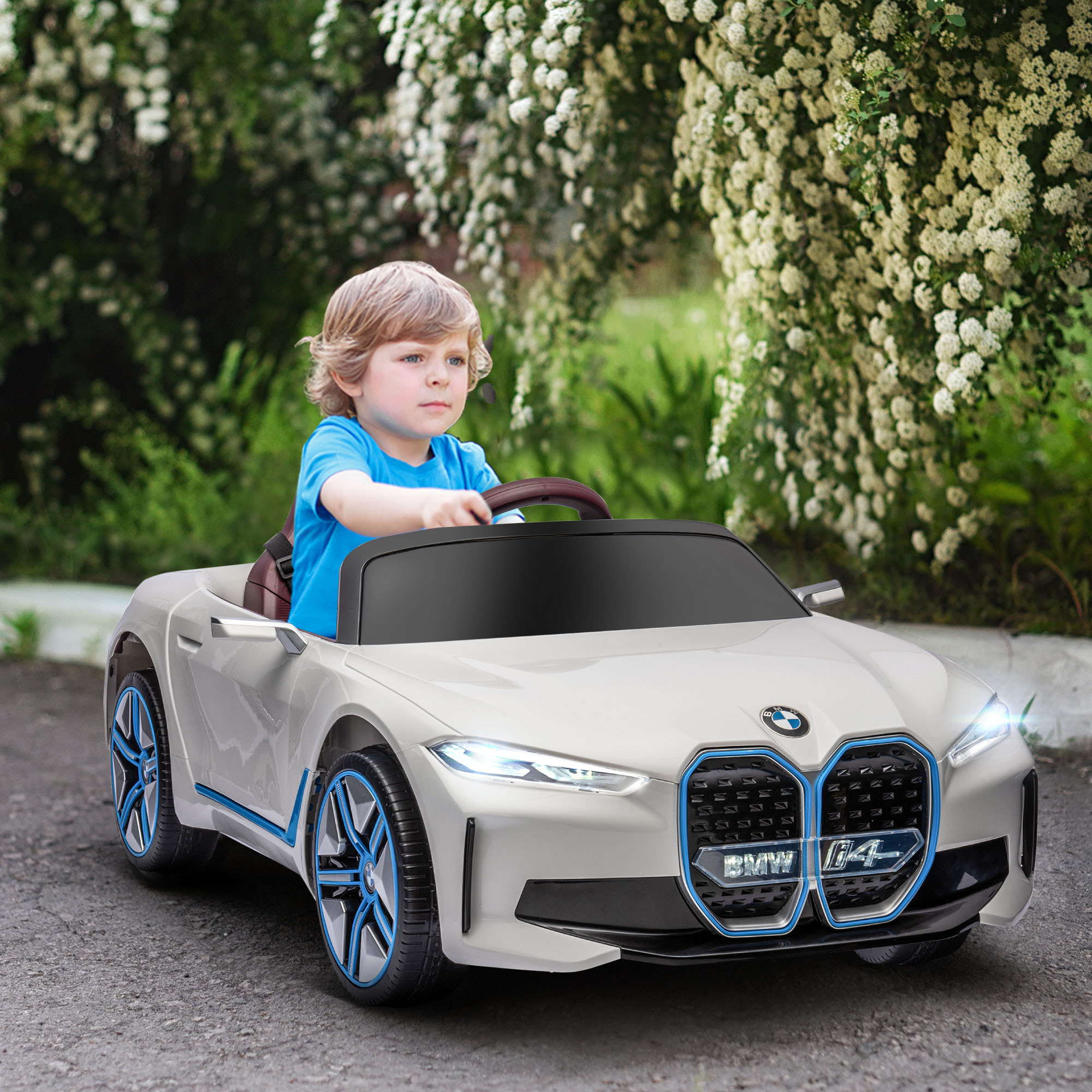 Coche Eléctrico para Niños 37-72 Meses Autorización BMW I4 Coche de Batería 12V con Control Remoto Música MP3 Pantalla Luces y Cinturón de Seguridad 115x67x45 cm Blanco