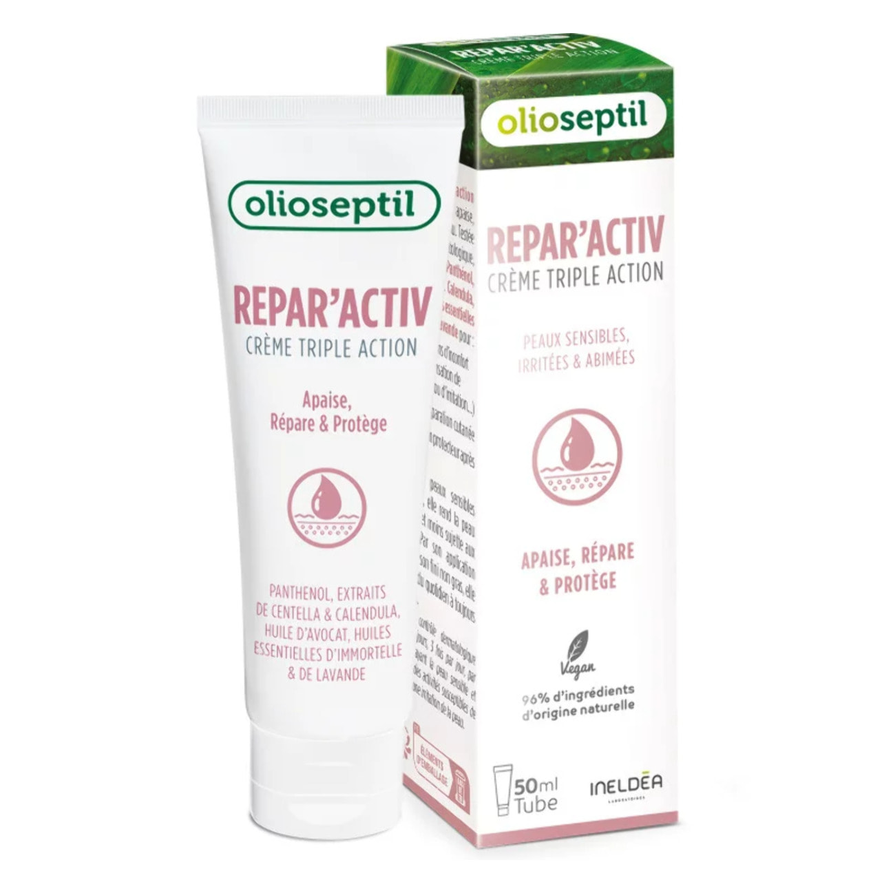 OLIOSEPTIL - Repar'activ – Crème triple action - Aide à Apaiser, Répare et Protège la peau - Adaptée aux Peaux Sensibles - Vegan - Tube 50 ml