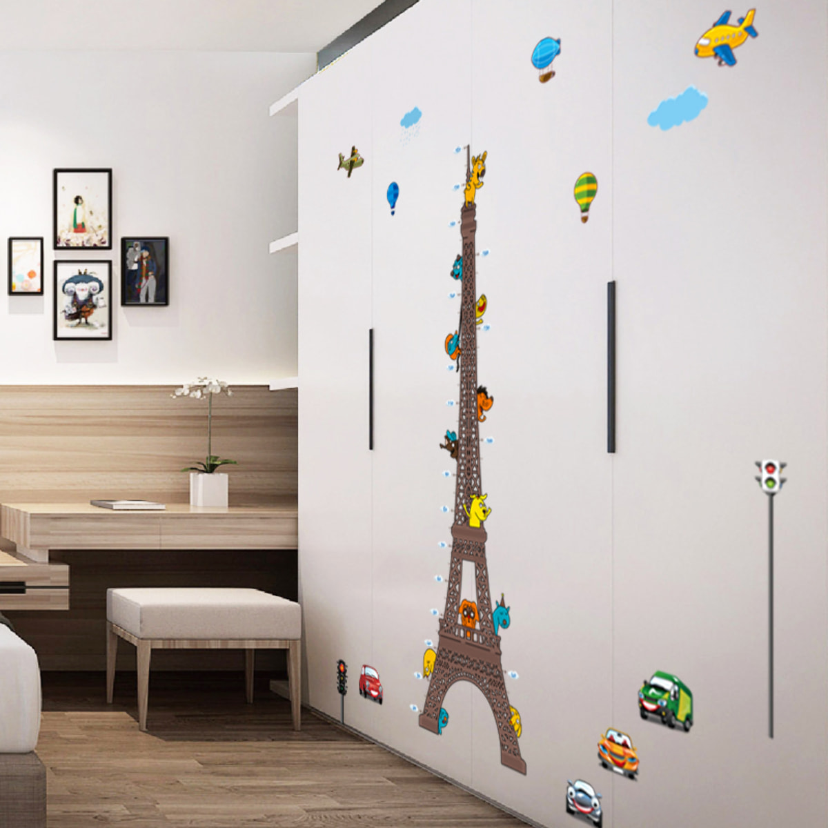 Stickers Muraux décoration adhésifs toise Tour Eiffel pour enfants avec animaux et avions