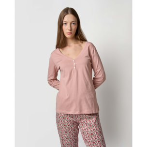 Pijama largo de algodón con escote pico amazonas rosa