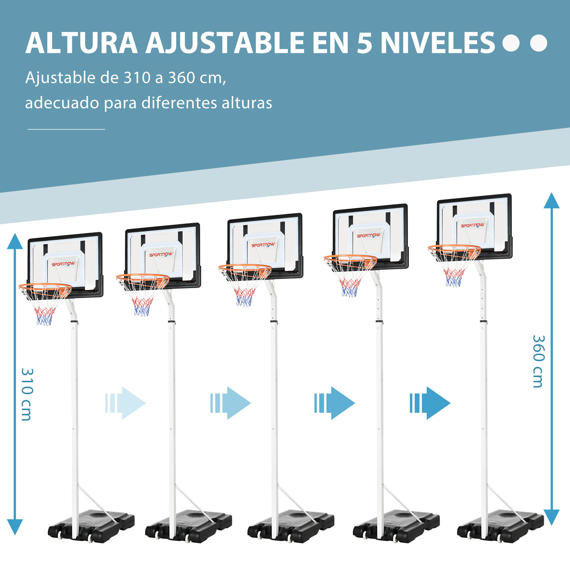 Canasta de Baloncesto con Ruedas Altura Ajustable 260-305 cm 90x83x310-360 cm