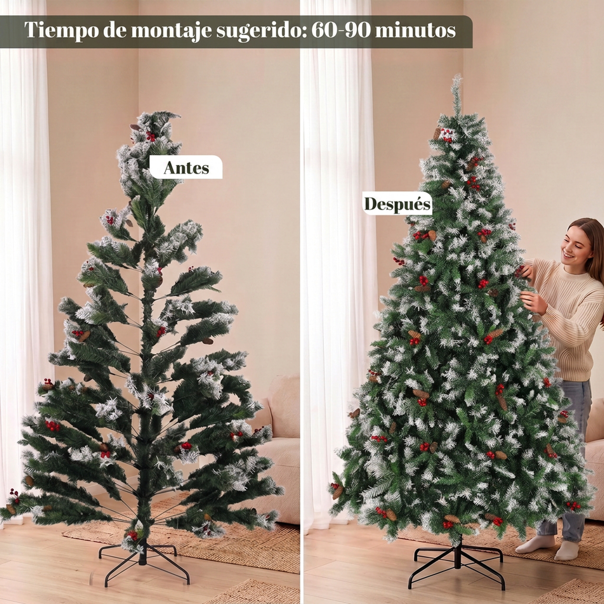HOMCOM Árbol de Navidad 240 cm, Árbol de Navidad Artificial Nevado con 1773 Ramas, Bayas Rojas, Piñas, Base de Acero Plegable, Montaje Rápido, Decoración Navideña para Salón, Interior, Verde