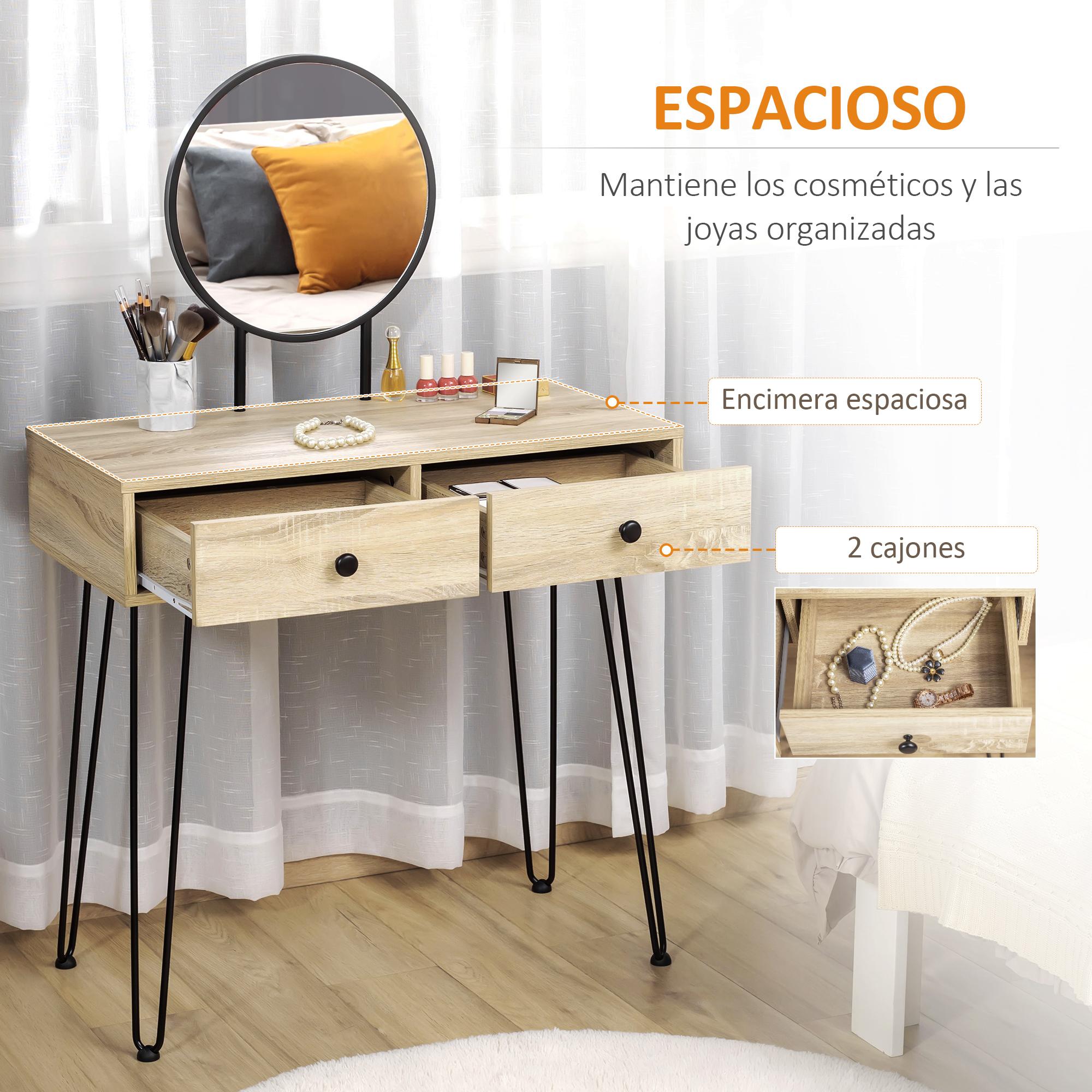 Tocador Mesa de Maquillaje con Espejo Redondo 2 Cajones y Patas de Metal Estilo Moderno para Dormitorio Vestidor 80x40x125 cm Roble