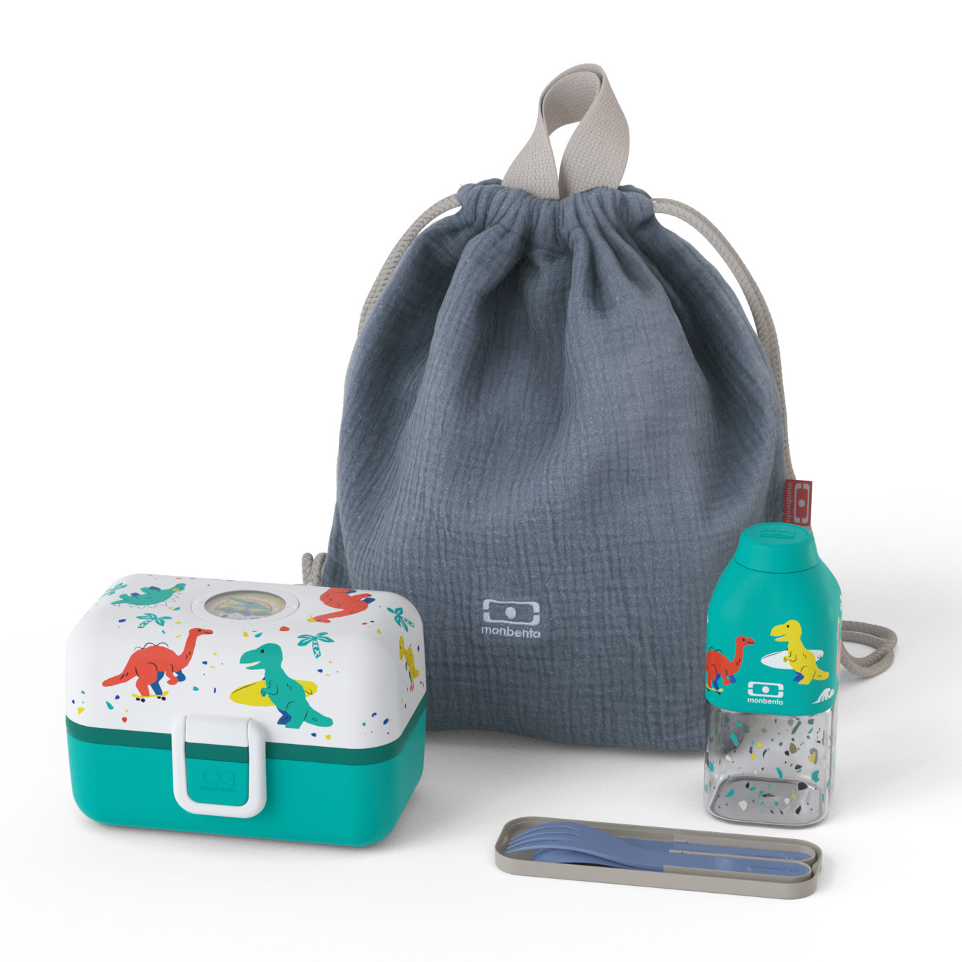 Set lunch box enfants bleu Dino avec ses accessoires
