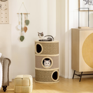 Arbre à chat cylindrique tonneau griffoir - 3 niches + plateforme - sisal corde d'algues beige