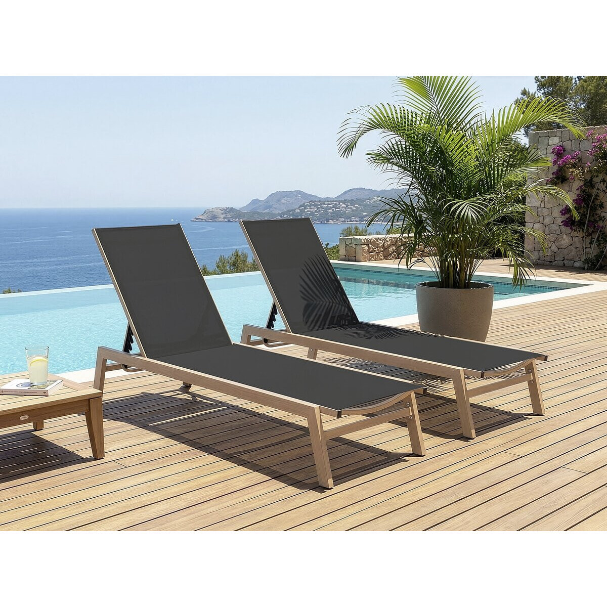 Lot de 2 bains de soleil en aluminium imitation bois "Elysia" - Noir