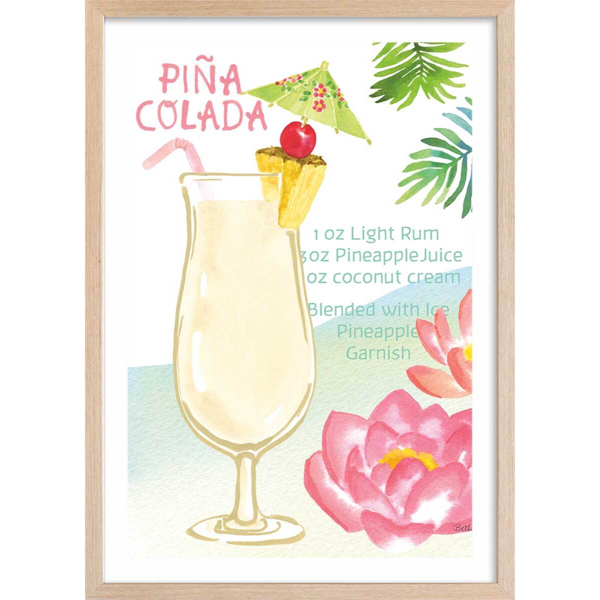 Affiche Pina colada en aquarelle Affiche + cadre en bois - Chêne