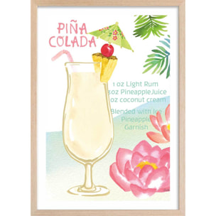 Affiche Pina colada en aquarelle Affiche + cadre en bois - Chêne