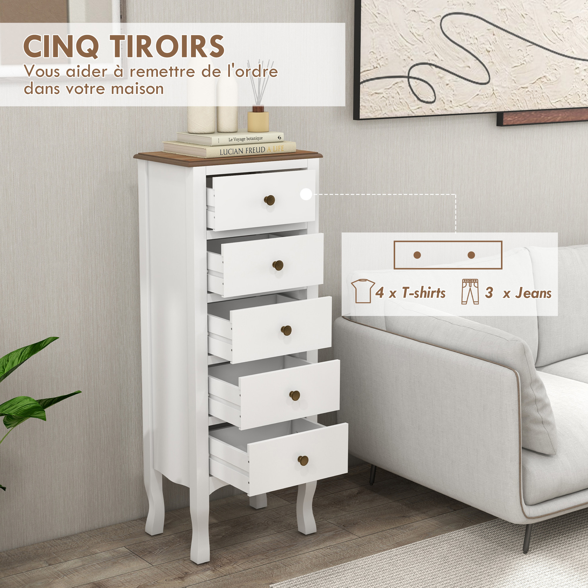 Meuble de rangement chiffonnier style néo-rétro 5 tiroirs poignées boutons bois MDF blanc