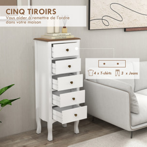 Meuble de rangement chiffonnier style néo-rétro 5 tiroirs poignées boutons bois MDF blanc