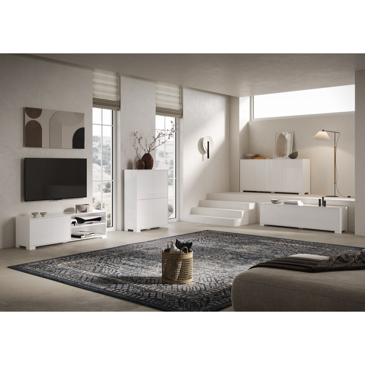Meuble de TV 2 puertas y compartimento abierto 150x40x40 cm Lumina blanco brillante