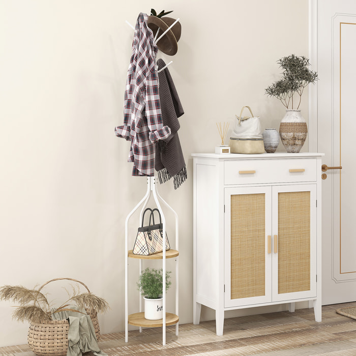 Perchero de Pie con 2 Estantes Perchero Metálico de Pie con 8 Ganchos para Colgar Bolsas Ropa Forma de Árbol para Pasillo Entrada Dormitorio Ø34x181 cm Blanco