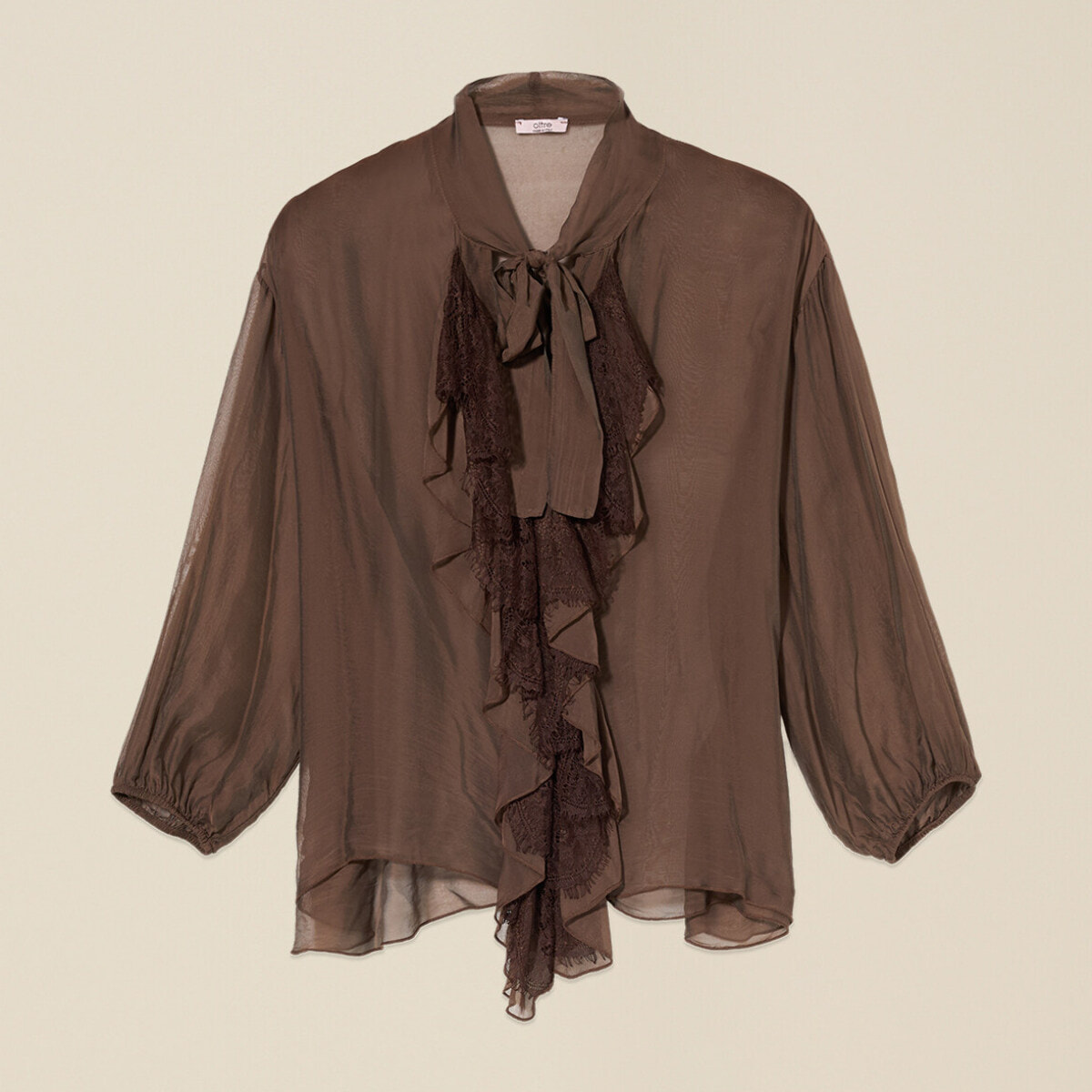Oltre - Camisa de voile mezcla de seda con volante - Marrón
