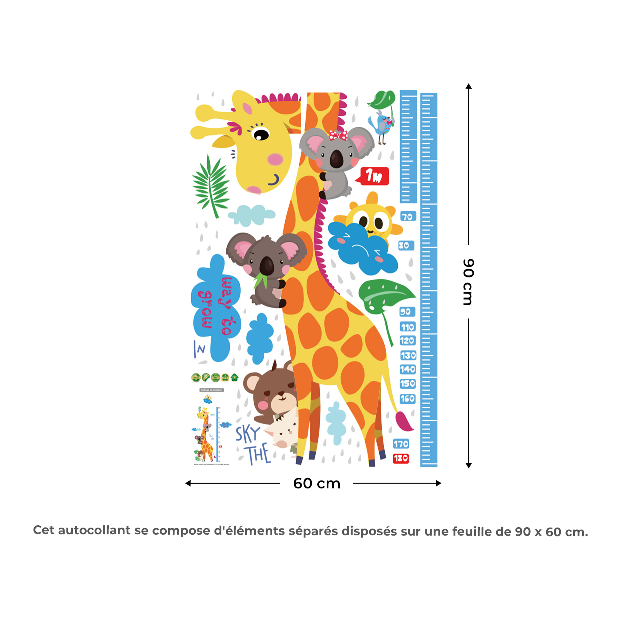 Stickers Muraux décoration adhésifs toise girafe et koalas
